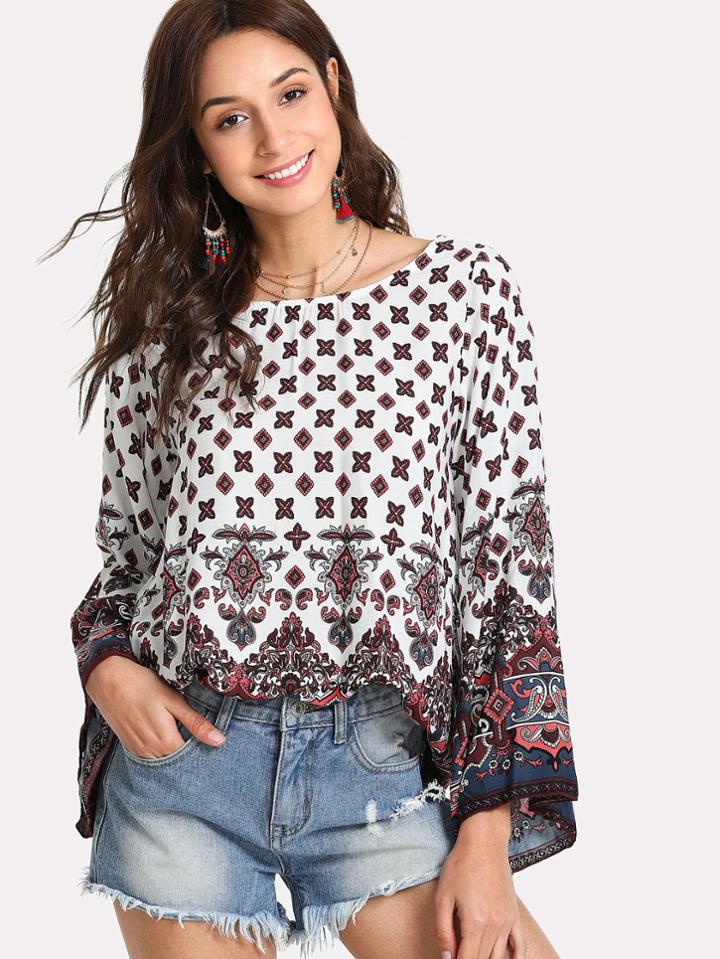 Shein Boat Neck Bell Sleeve Geo Print Tee