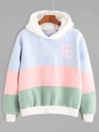 Shein Color Block Hooded Number Print Sweatshirt