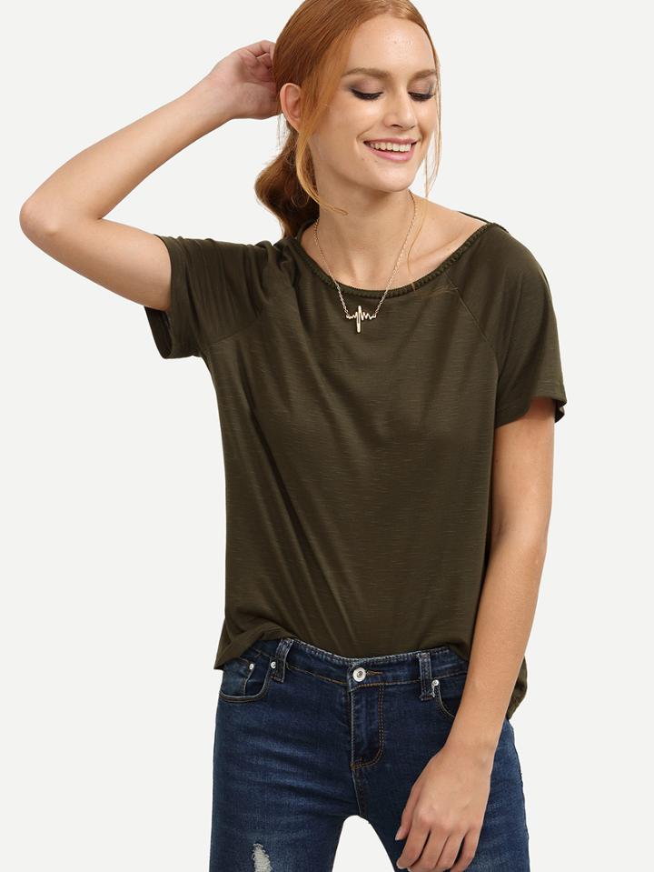 Shein Army Green Tassel Tie Backless Short Sleeve T-shirt