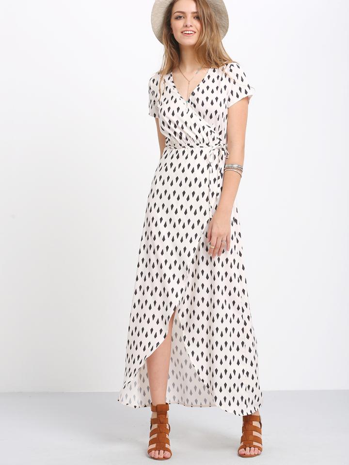 Shein Geometric Print Wrap Dip Hem Dress