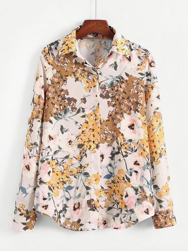 Shein Curved Hem Floral Blouse