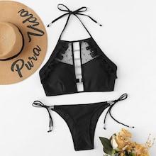 Shein Self Tie Side Contrast Mesh Halter Bikini Set