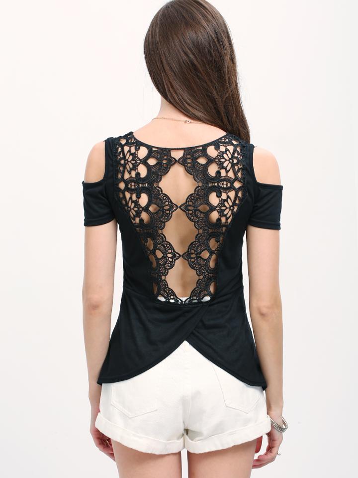 Shein Open Shoulder Lace Back T-shirt - Black