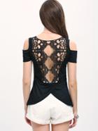 Shein Open Shoulder Lace Back T-shirt - Black