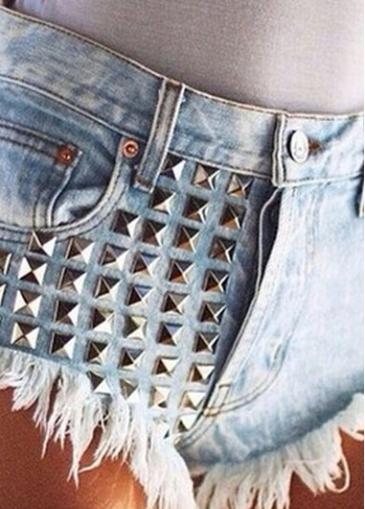Rosewe Mid Waist Rivet Decorated Tearing Denim Shorts