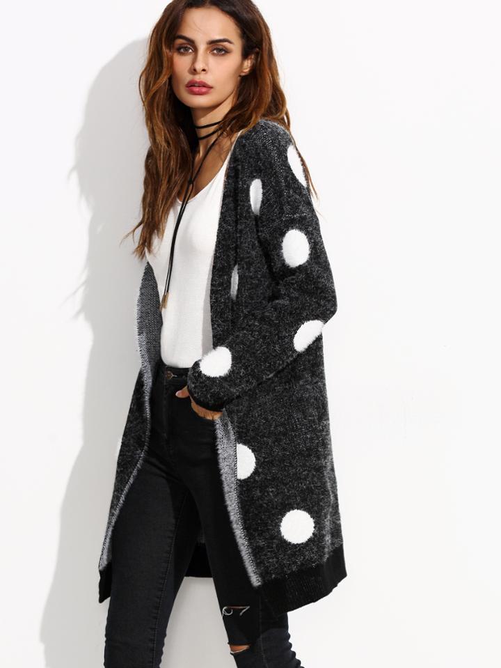 Shein Black Polka Dot Open Front Long Sweater Coat