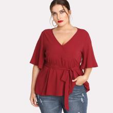 Shein Plus Bell Sleeve Tie Waist Smock Top