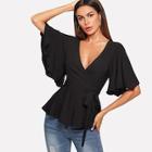 Shein Waist Belted Pleated Wrap Bell Sleeve Top