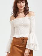 Shein White Off The Shoulder Tiered Bell Sleeve Shirred Top