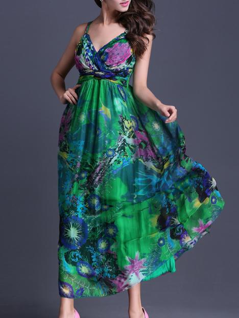 Shein Green Spaghetti Strap V Neck Backless Print Maxi Dress