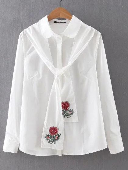 Shein White Blouse With Embroidered Tie