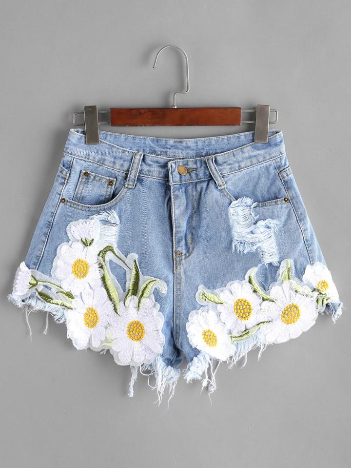 Shein Distressed Appliques Raw Hem Denim Shorts