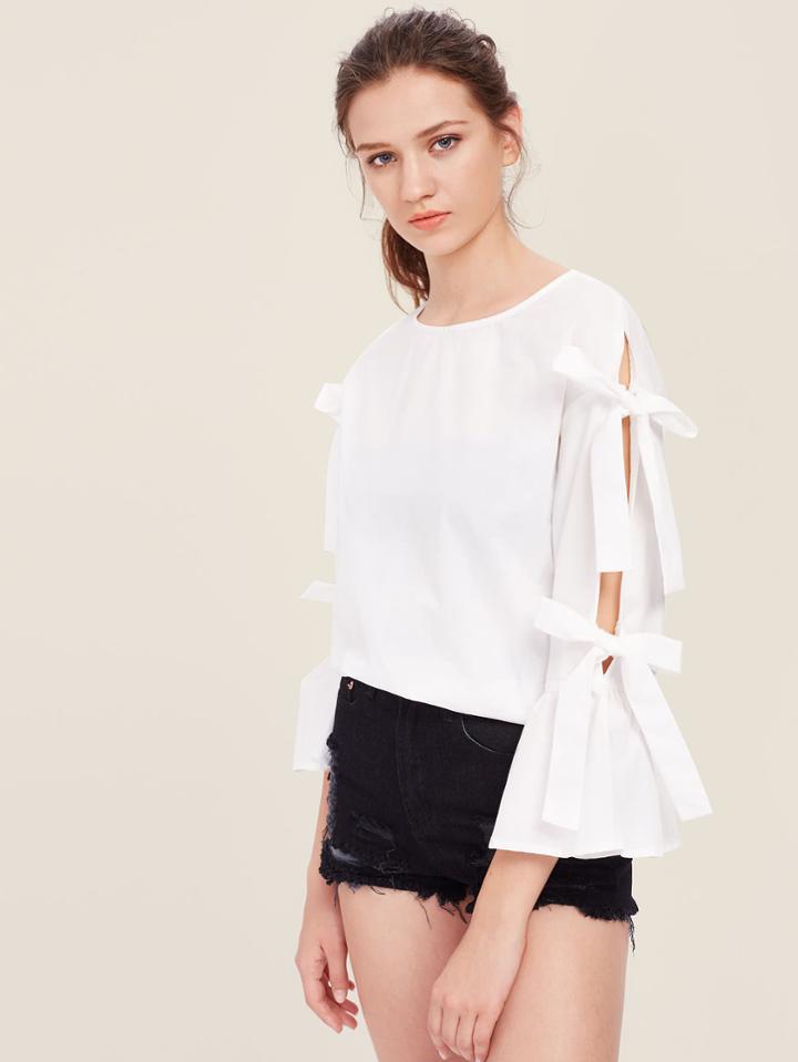 Shein Bow Embellished Split Trumpet Sleeve Top