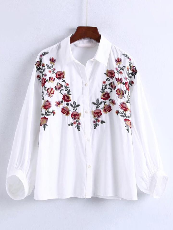 Shein Flower Embroidery Lantern Sleeve Blouse