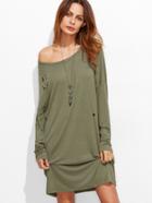 Shein Olive Green Scoop Neck Drop Shoulder Distressed Tee Dress