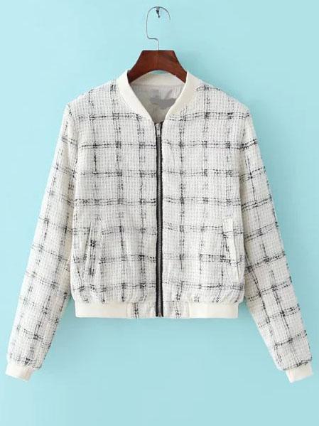 Shein White Plaid Zipper Bomber Jacket