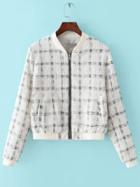 Shein White Plaid Zipper Bomber Jacket