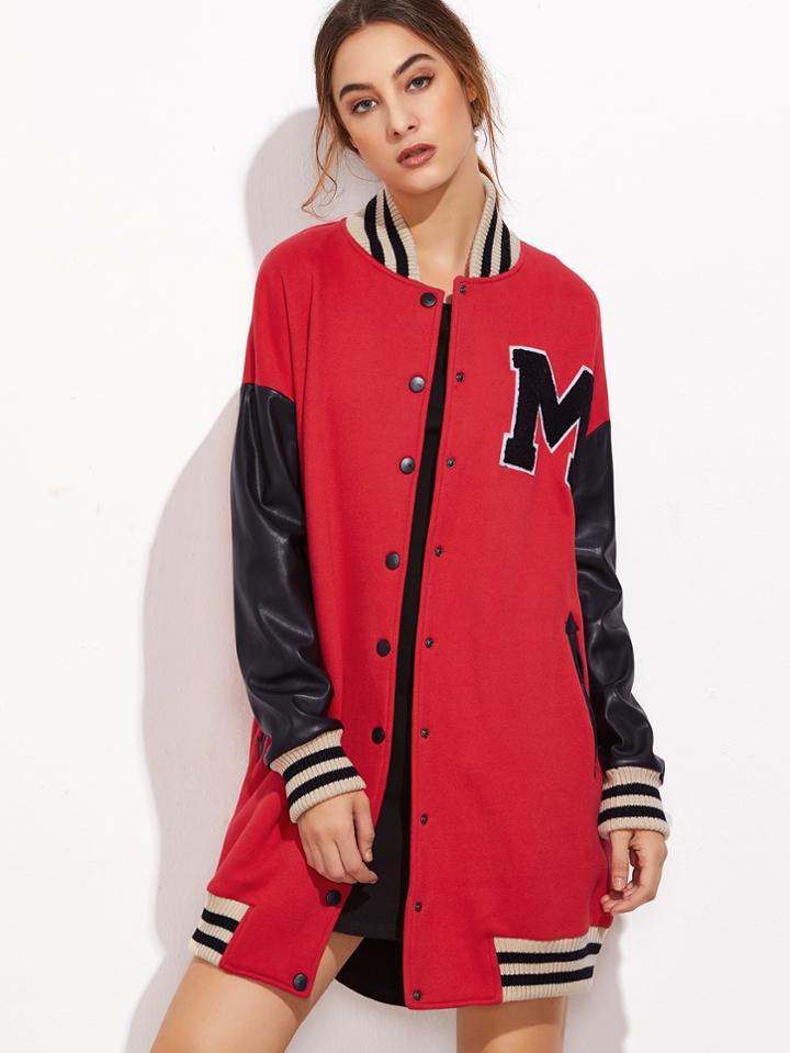 Shein Contrast Coated Sleeve Longline Baseball Jacket