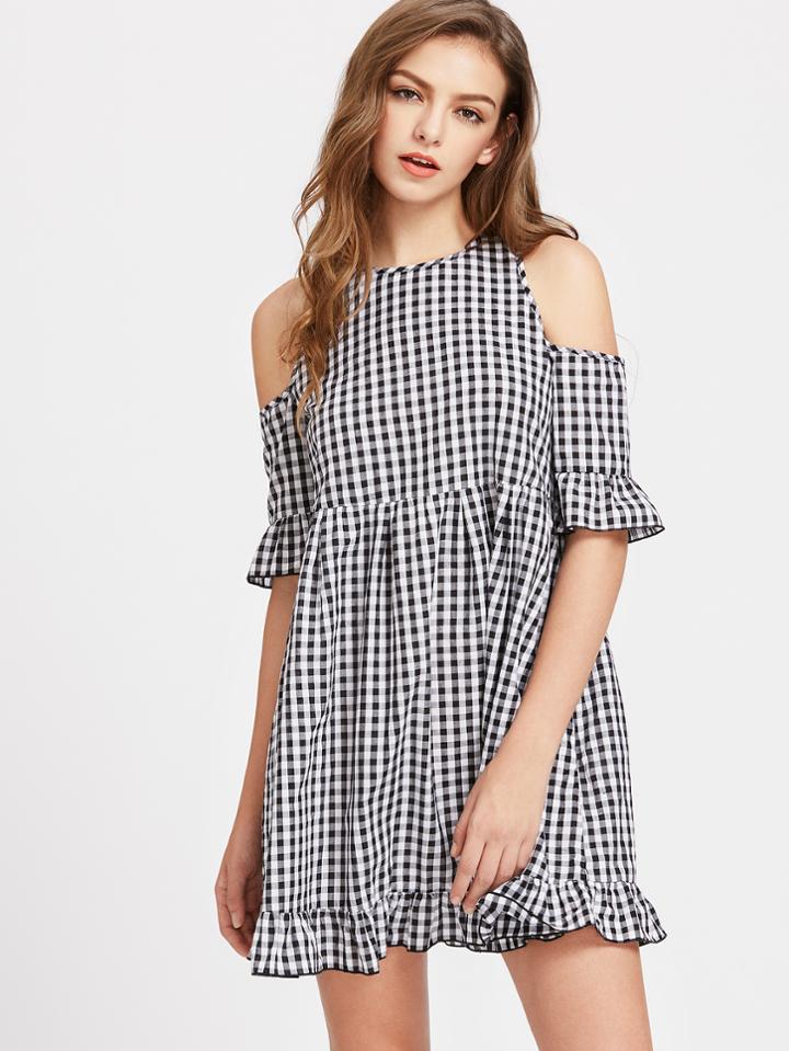 Shein Open Shoulder Cutout Tie Back Frill Detail Gingham Dress