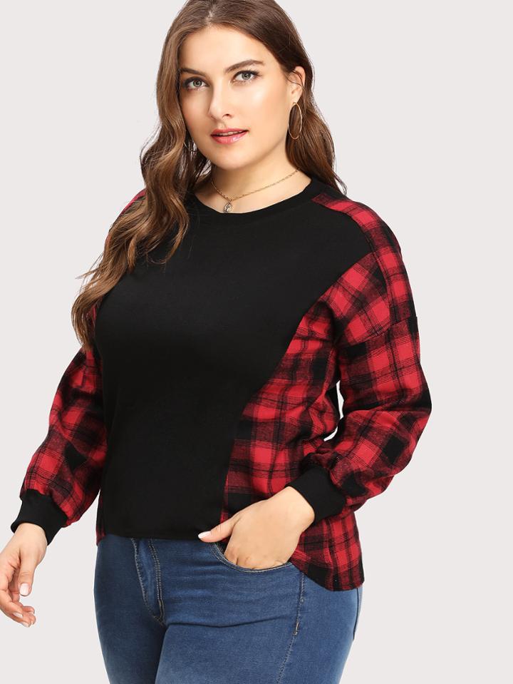 Shein Contrast Tartan Plaid Drop Shoulder Pullover
