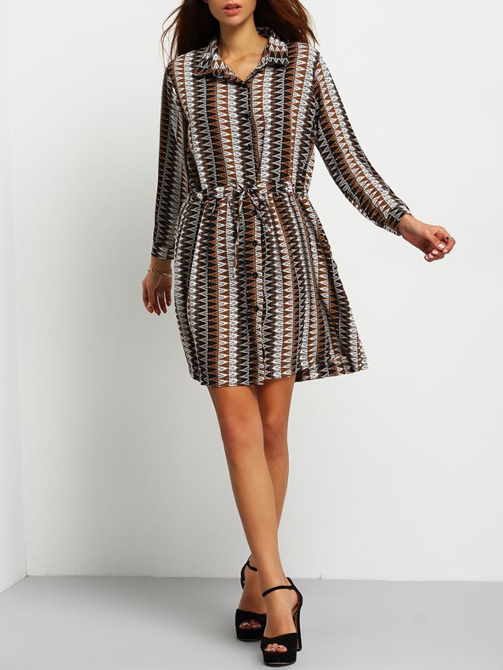 Shein Multicolor Geometric Print Drawstring Chiffon Dress