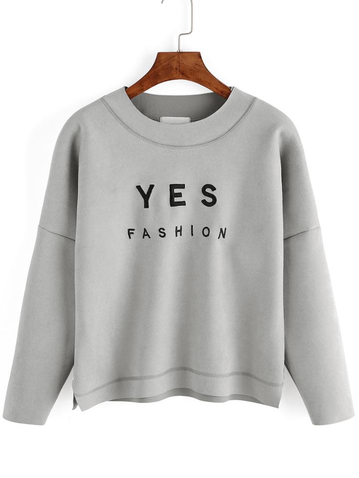 Shein Grey Round Neck Letters Embroidered Crop Sweatshirt