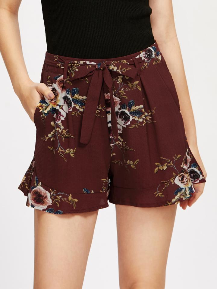 Shein Tie Waist Frill Hem Botanical Print Shorts