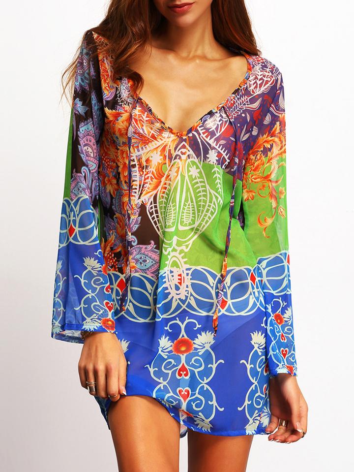 Shein Colour V Neck Floral Loose Chiffon Dress