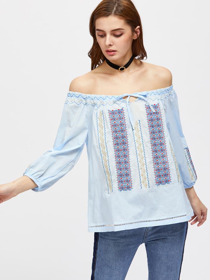 Shein Tie Front Ladder Lace Insert Embroidered Top