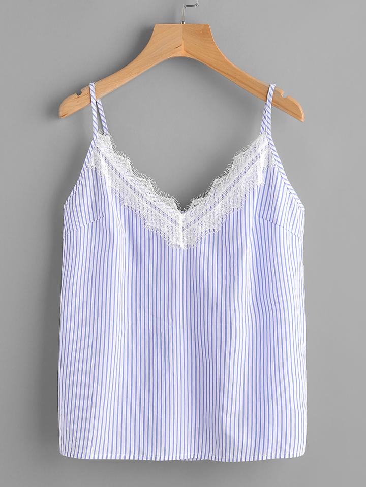 Shein Eyelash Lace Trim Striped Cami Top