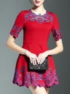 Shein Red Embroidered Hollow A-line Dress
