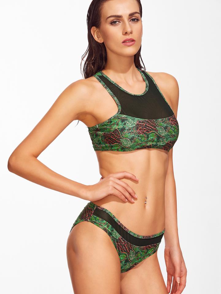 Shein Green Printed Mesh Detail Racer Back Bikini Set
