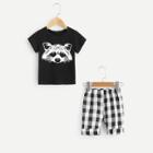 Shein Boys Wolf Print Tee With Gingham Shorts