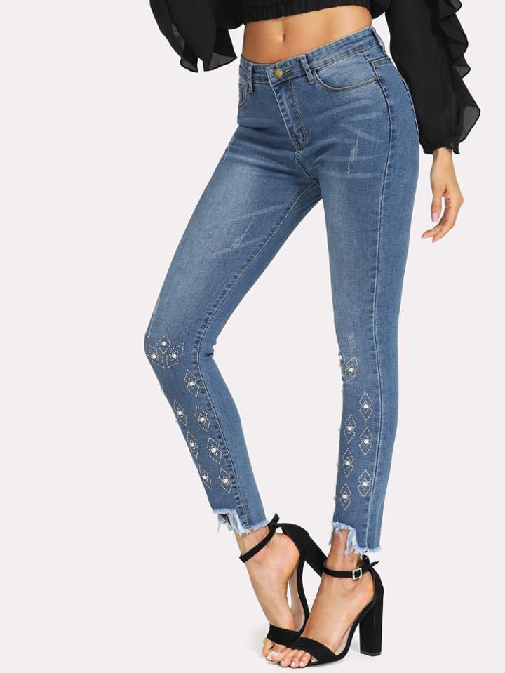 Shein Rhinestone Detail Step Hem Jeans