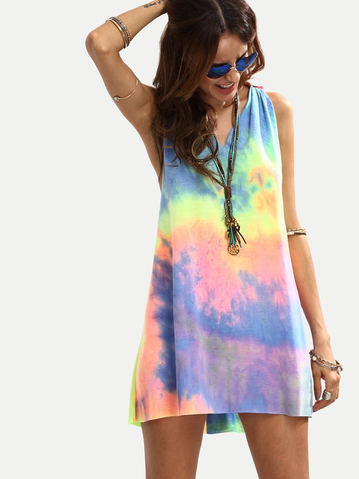 Shein Multicolor Tie-dye V Neck Sleeveless Knotted Shift Dress