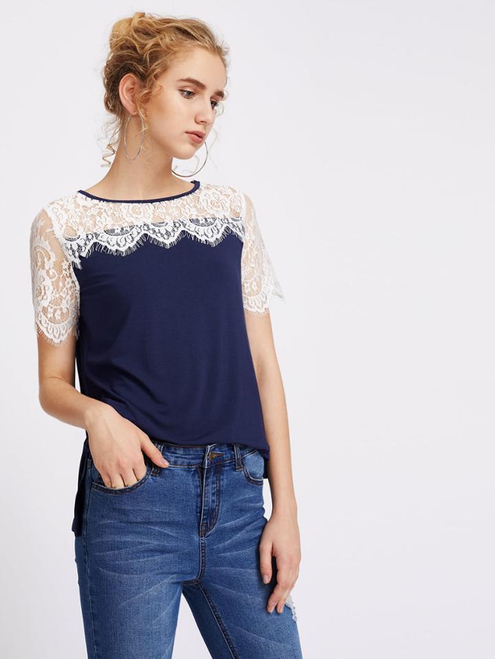 Shein Illusion Eyelash Lace Shoulder Vented Hem T-shirt