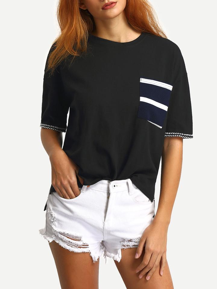 Shein Striped Pocket High Low T-shirt