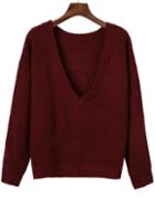 Shein Burgundy Ribbed V Neck Drop Shoulder Sweater