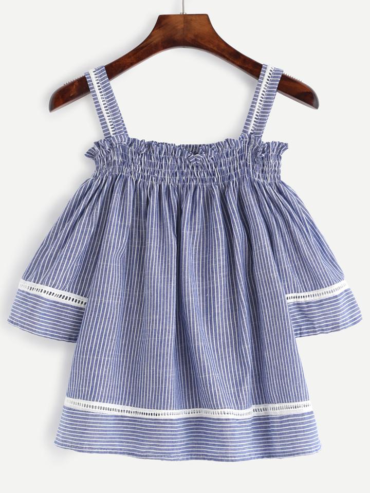 Shein Blue Vertical Striped Smocked Cold Shoulder Top
