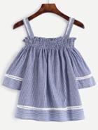 Shein Blue Vertical Striped Smocked Cold Shoulder Top