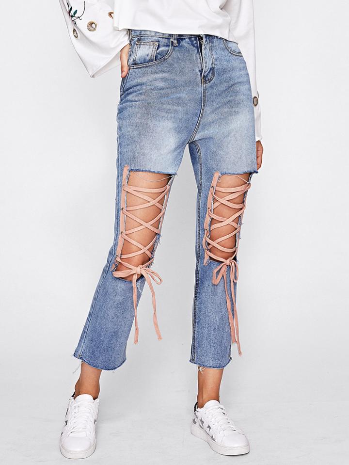 Shein Cut Out Front Lace Up Jeans