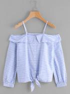Shein Foldover Detail Knotted Hem Striped Top
