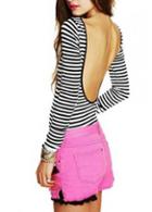 Rosewe Enchanting Stripe Pattern Long Sleeve Backless Polyester Tees