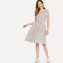 Shein Frill Sleeve Knot Back Striped Dress