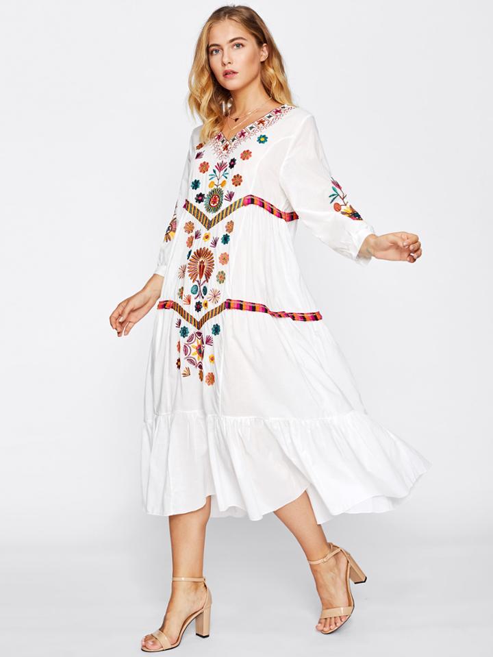 Shein V-neckline Flower Embroidered Tiered Peasant Dress