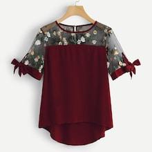 Shein Mesh Panel Embroidered Knot Sleeve Blouse