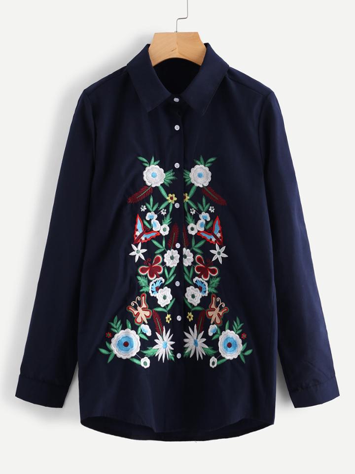 Shein Botanical Embroidered Front Shirt