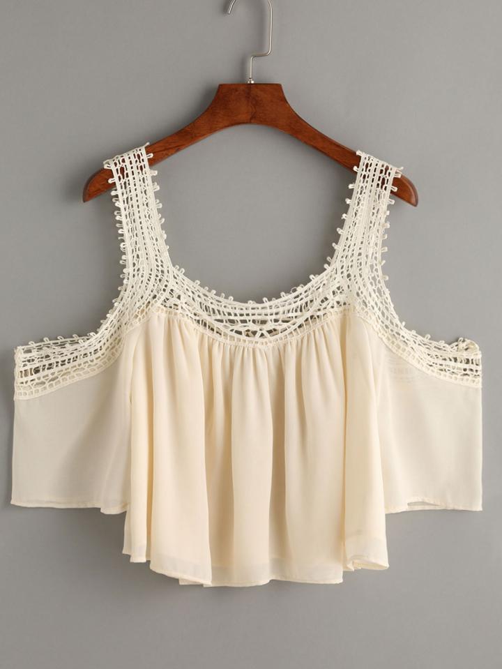 Shein Apricot Crochet Trimmed Cold Shoulder Chiffon Top