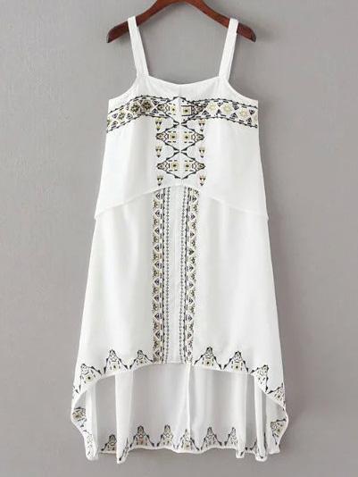 Shein White Embroidery Spaghetti Strap High Low Dress