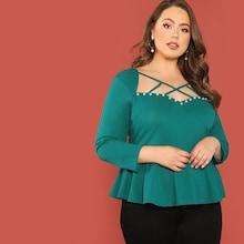 Shein Plus Cage Neck Pearl Detail Peplum Top